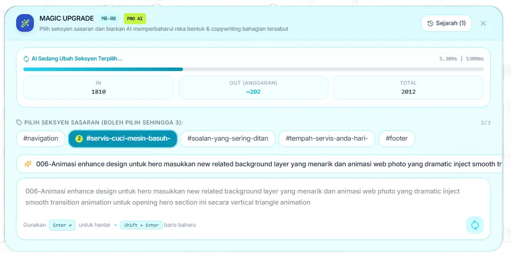 Panel Magic Upgrade — pemilih seksyen sasaran, kotak arahan, dan kiraan token semasa AI mengubah seksyen terpilih
